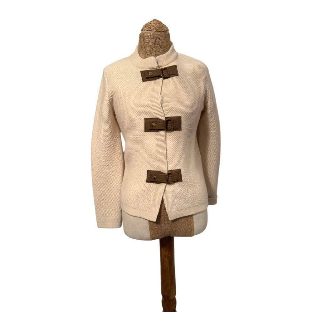 Tory Burch cardigan sweater sz XS coat leather buckle waffle knit Cream NEW